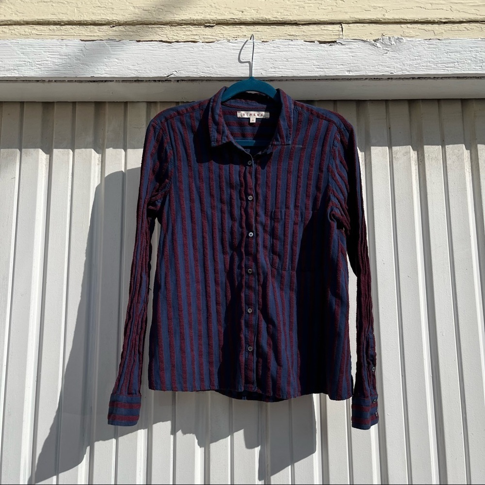 Xirena navy/purple striped long sleeve button up shirt